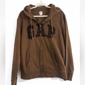 Vintage GAP Brown Zip Up Hoodie Spellout Logo Size Large